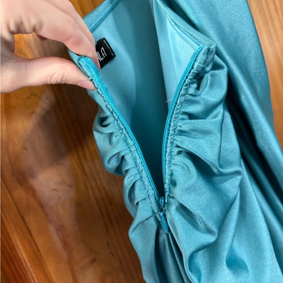 Teal Satin Criss Cross Gown - Picture 8 of 11